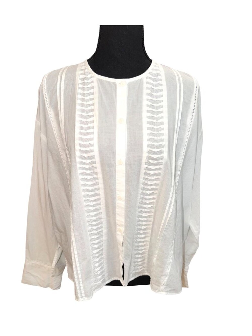 Zara Womens White Pintuck Cottage Core Blouse Long Sleeves Women L 100% Cotton